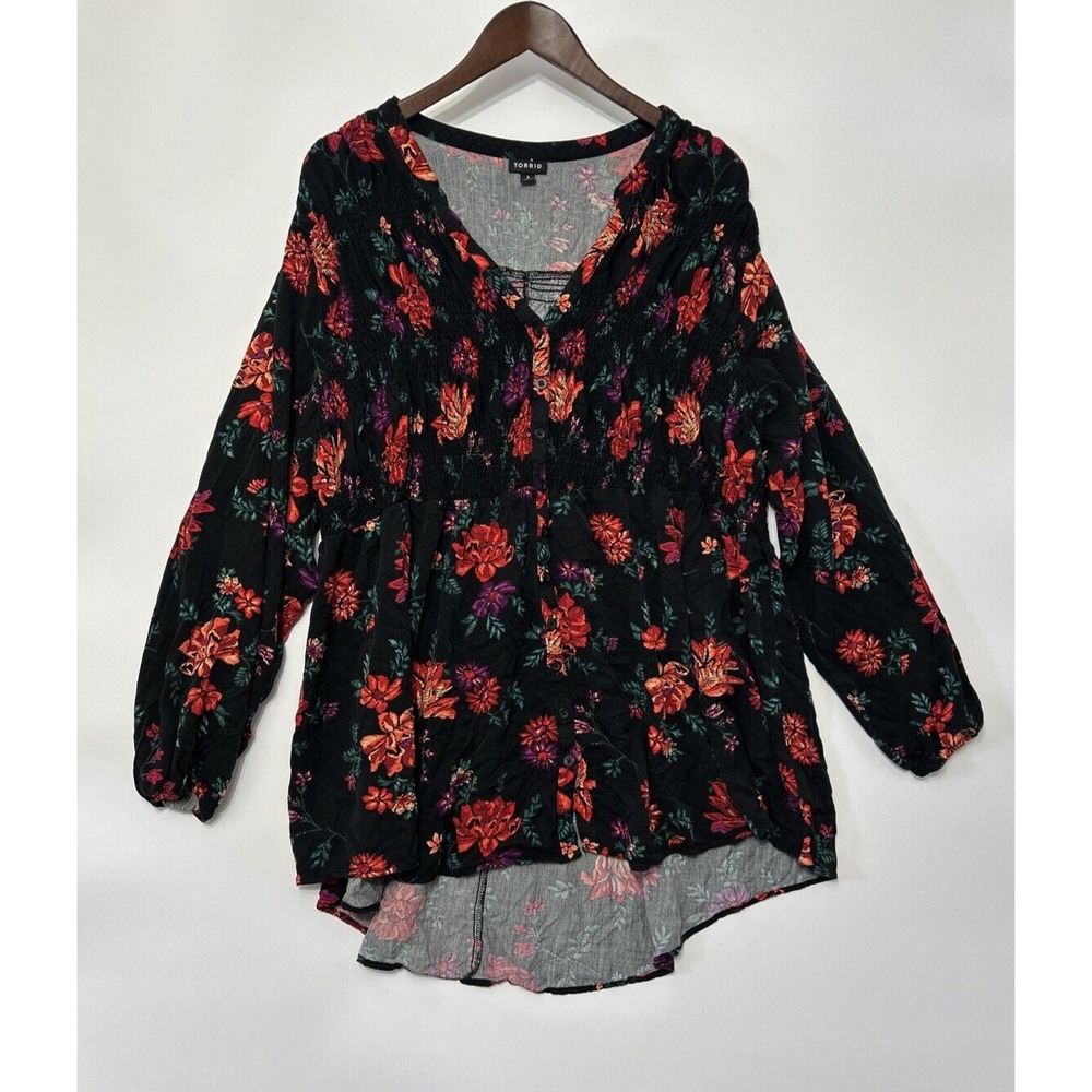 Torrid Womens Smocked Babydoll Top Size 3X Button Long Puff Sleeve Floral Print - Picture 2 of 16